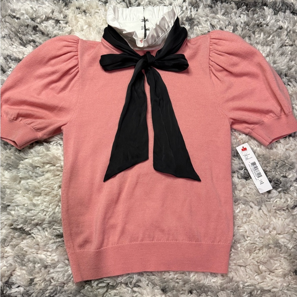Alice + Olivia Pink Puff Sleeve Sweater with Black Bow Tie